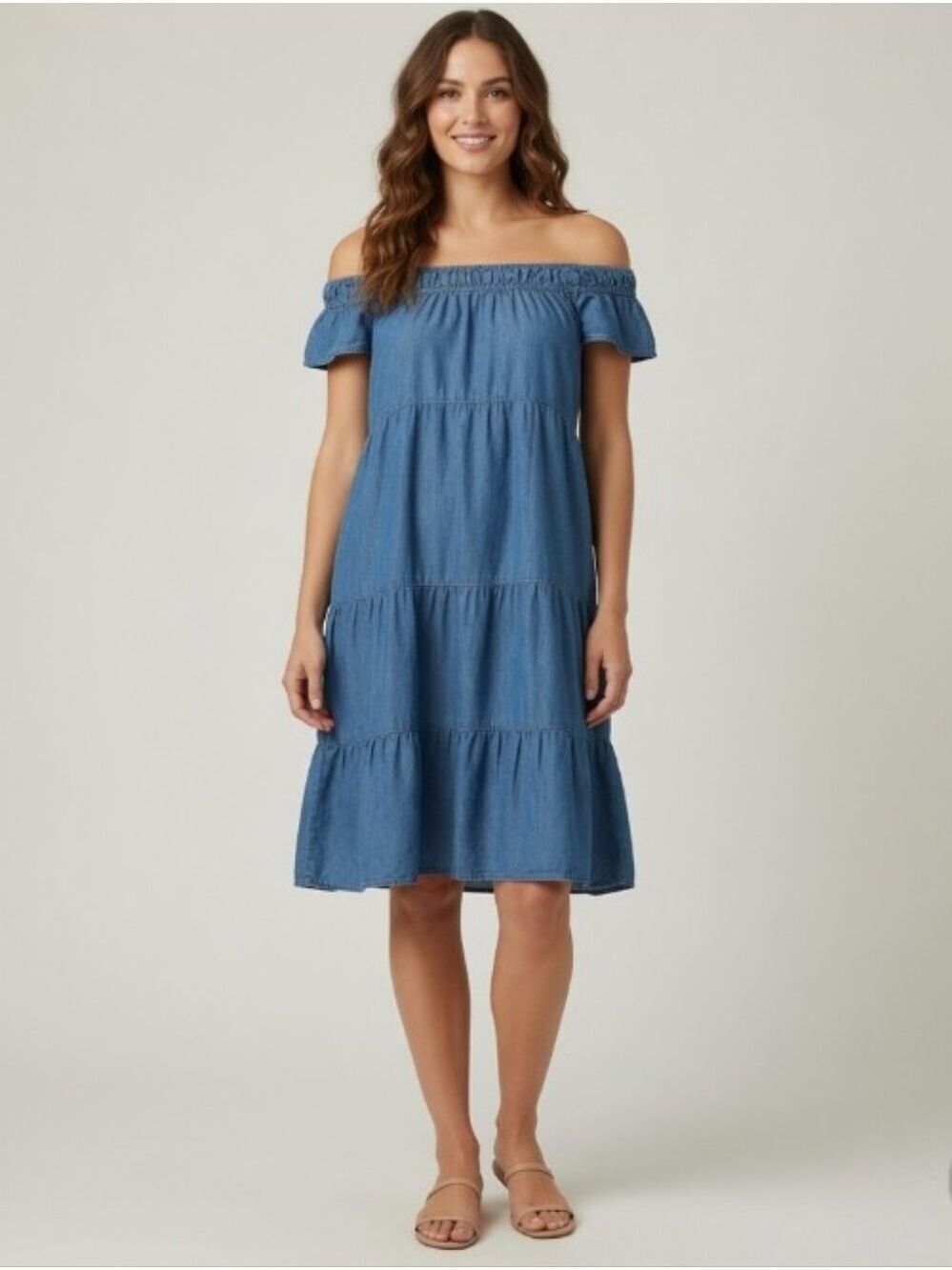 Loft Off The Shoulder Chambray Tiered Dress in Blue Size XS Petite